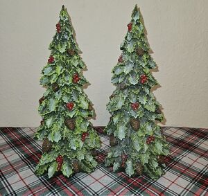 Set Of 2 Elegant Holly & Berry Evergreen Holiday Resin Tree Decor